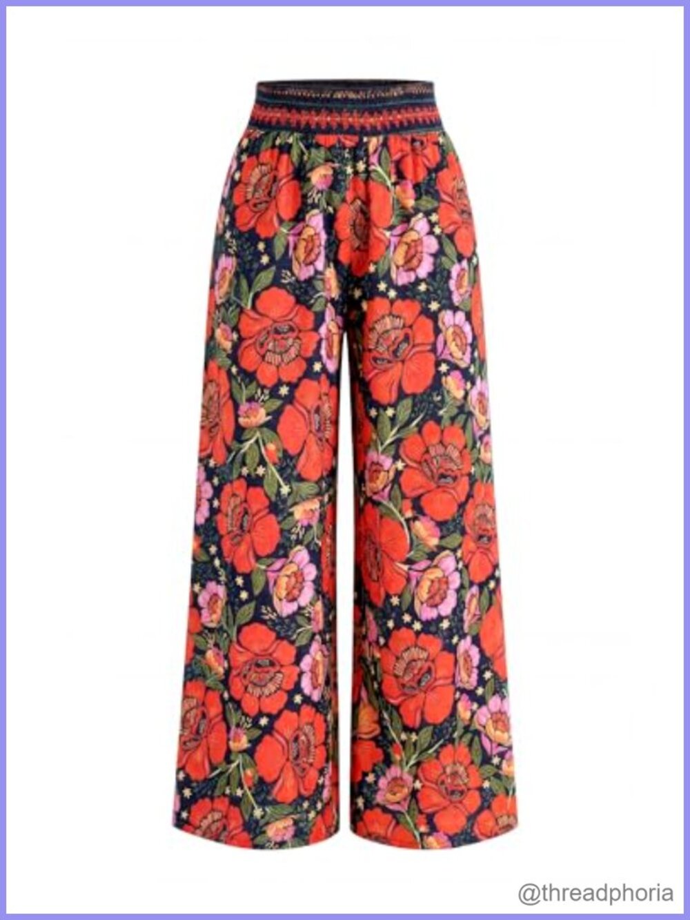 Wide Leg Smocked Waist Floral Pants Loose Fit Trousers Side Pockets Boho